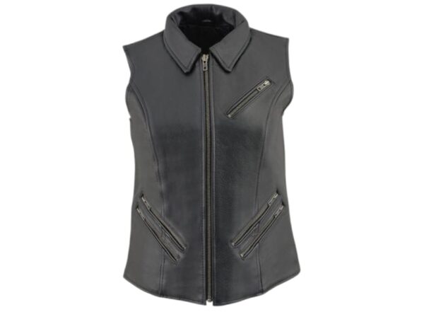 a leather vest with 4 down zipper pockets and 1 zip on left chest pocket