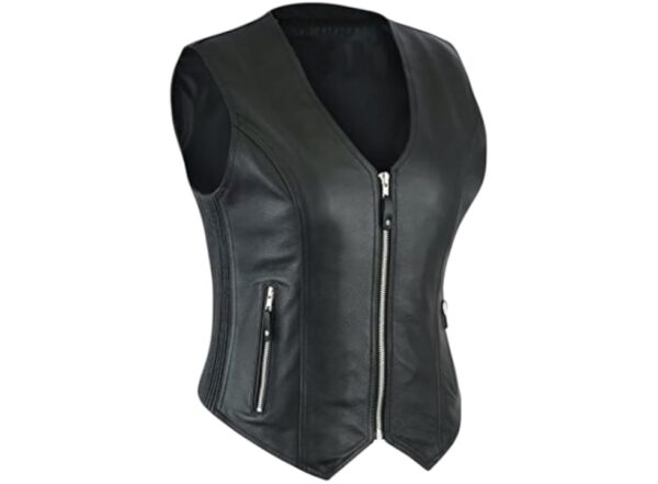Black Leather Zipper Vest front close with zip and 2 side zip pockets