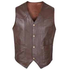 brown leather vest close front with snap button and 2 side hand pockets