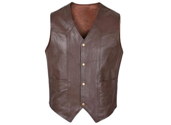 brown leather vest close front with snap button and 2 side hand pockets