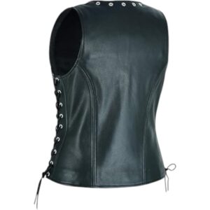 a leather vest with backside display and closed with side laces