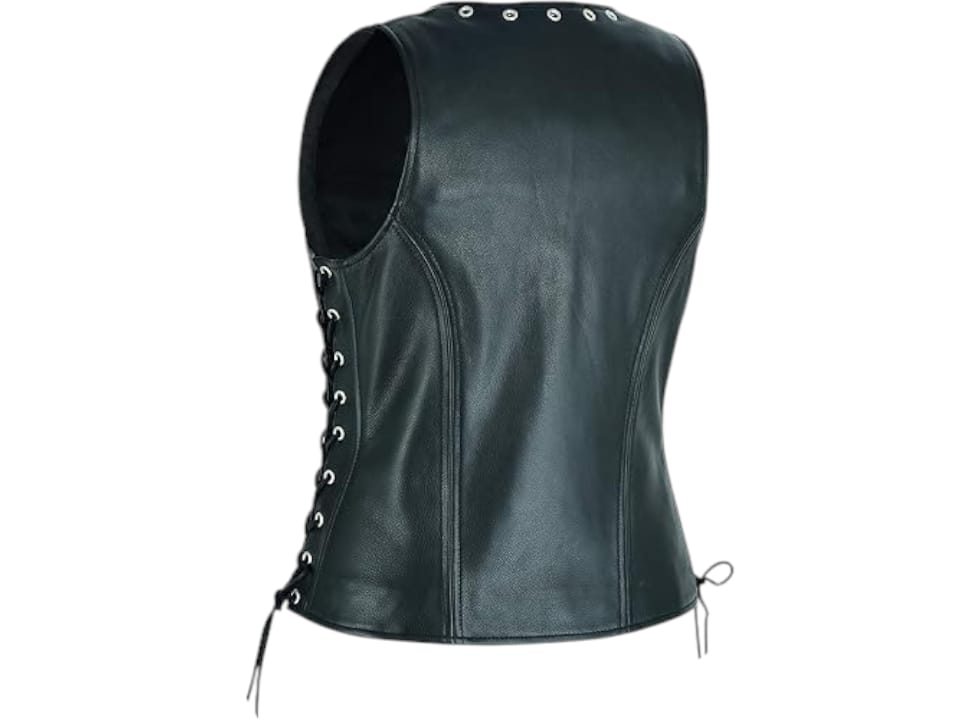 a leather vest with backside display and closed with side laces