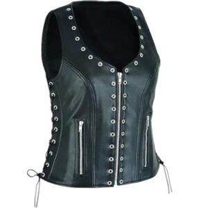 lace-up-motorcycle-vest black leather vest with side laces and front eyelets and zippers