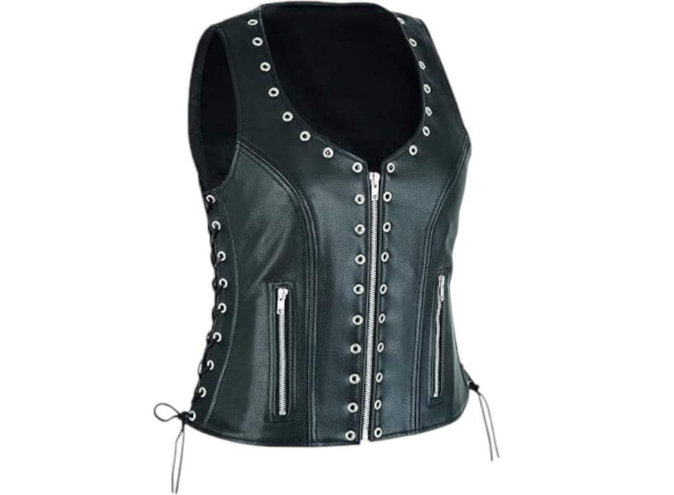lace-up-motorcycle-vest black leather vest with side laces and front eyelets and zippers
